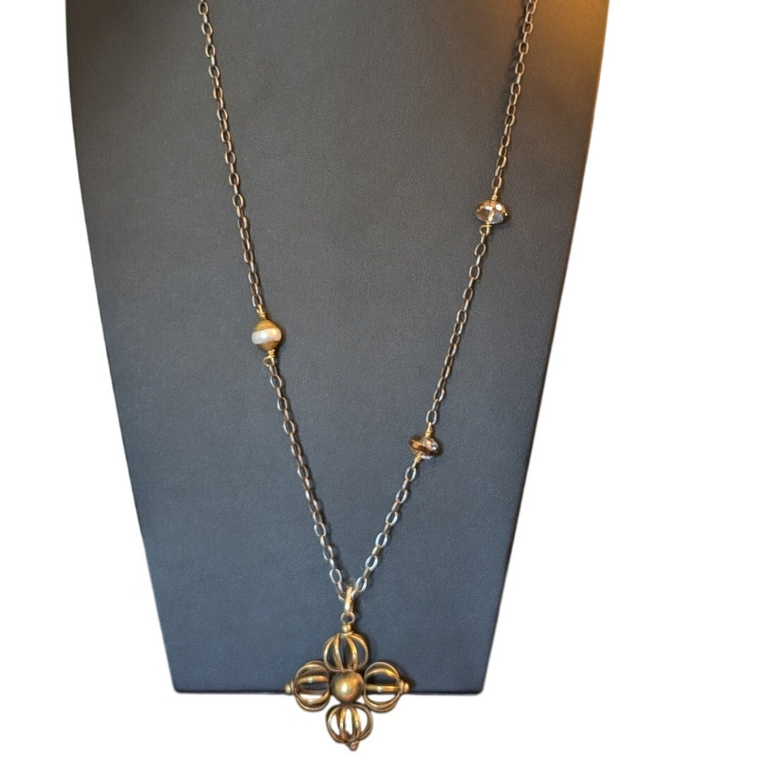 Vintage Bronze Cage Flower Pearl & Crystal Beads Rolo Link Long Boho Necklace