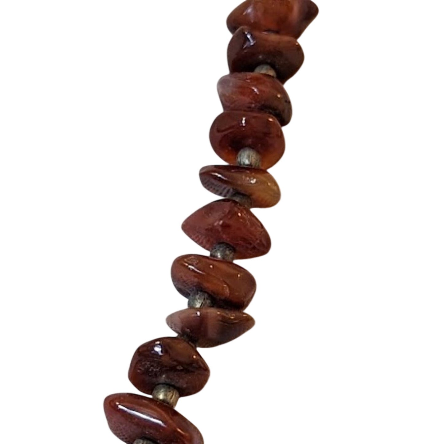 Vintage Red Brown Stone Beaded Chip Necklace with Brass Accents