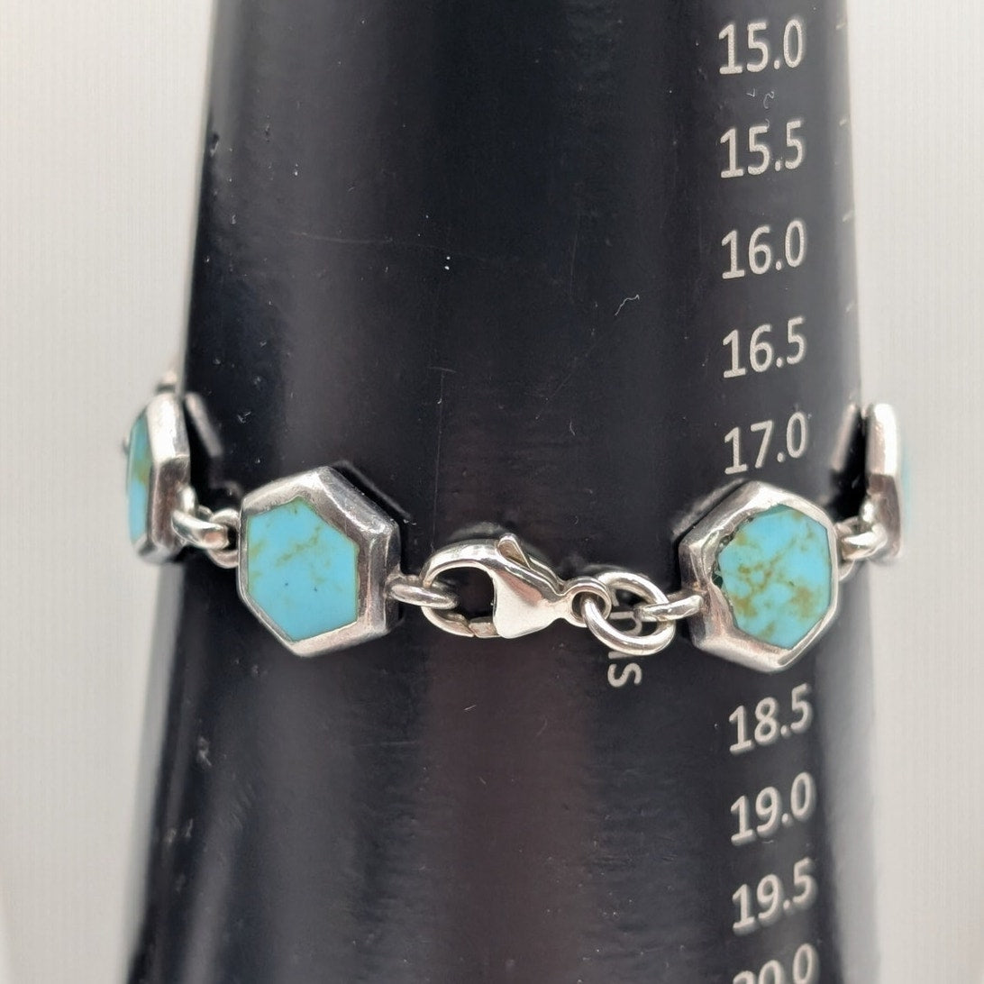 Vintage 925 Sterling Silver Hand Set Turquoise Inlay Station Chain Bracelet