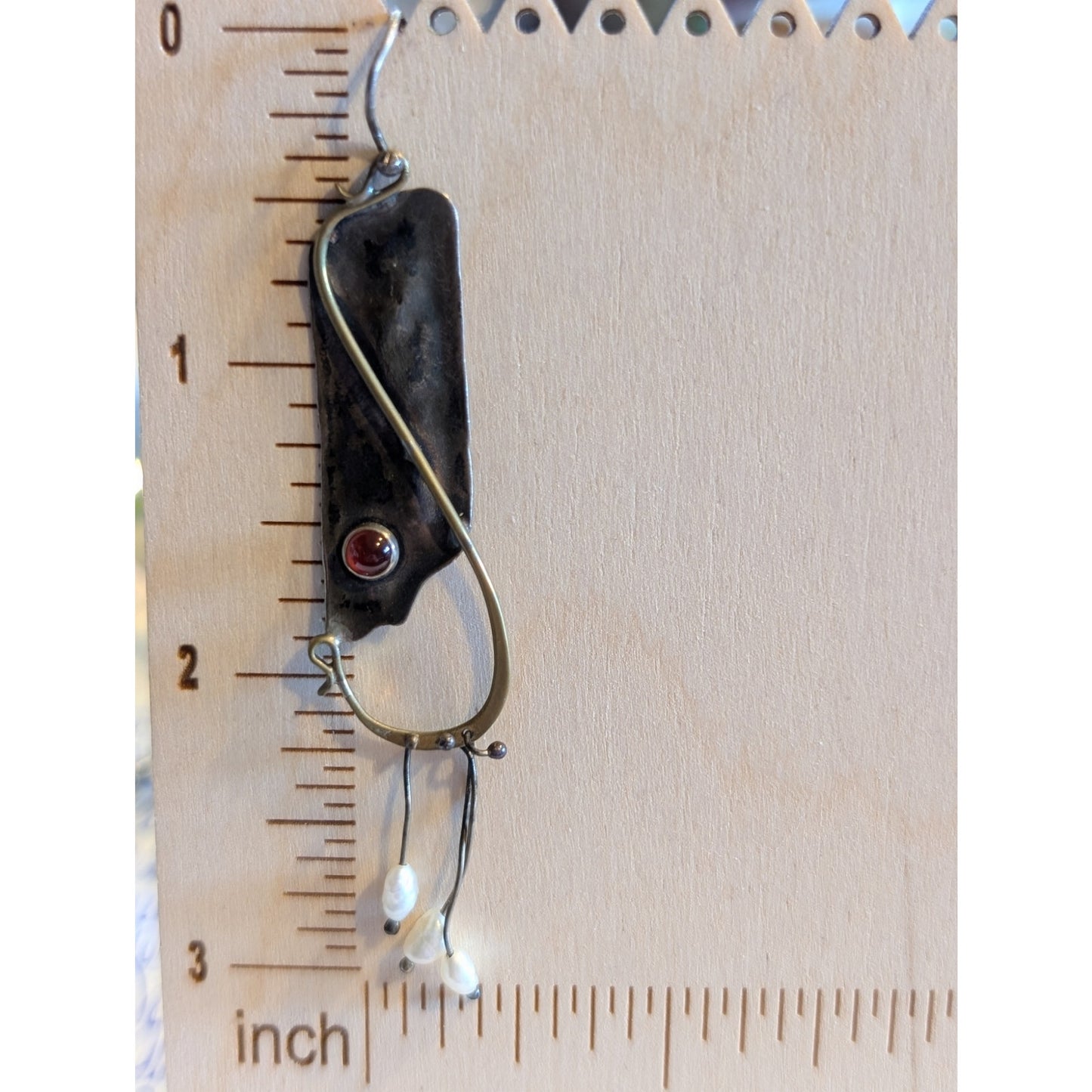 Vtg Sterling Brass Carnelian Stone & Freshwater Pearl Dangle Artisan Earrings