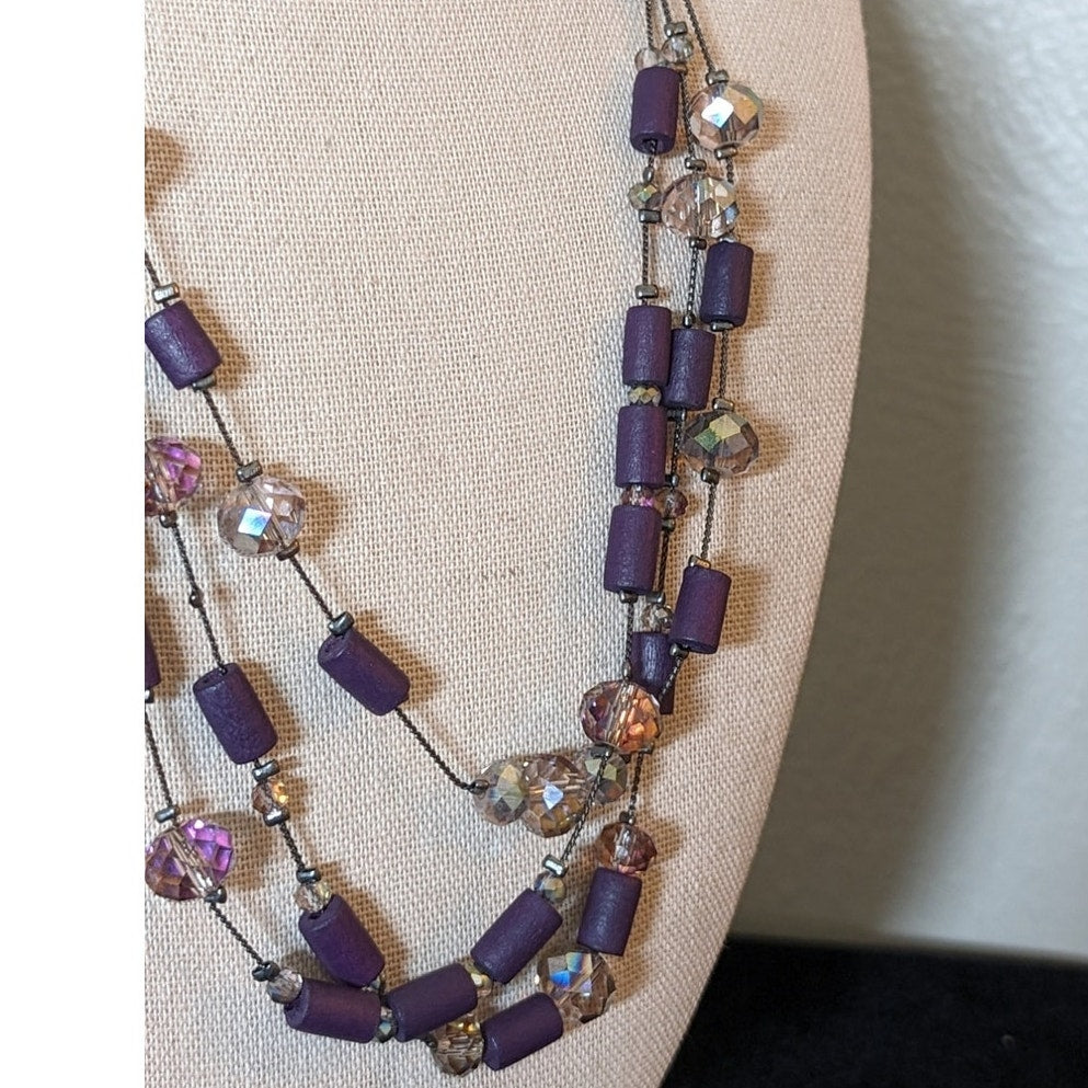 Charming Charlie Purple Wood Smoky Lavender Crystal Gun Metal 3 Strand Necklace