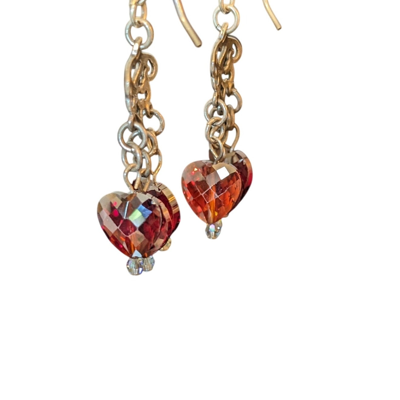 925 Sterling 'Bleeding Heart' Three Faceted Crystal Garnet Color Dangle Earrings