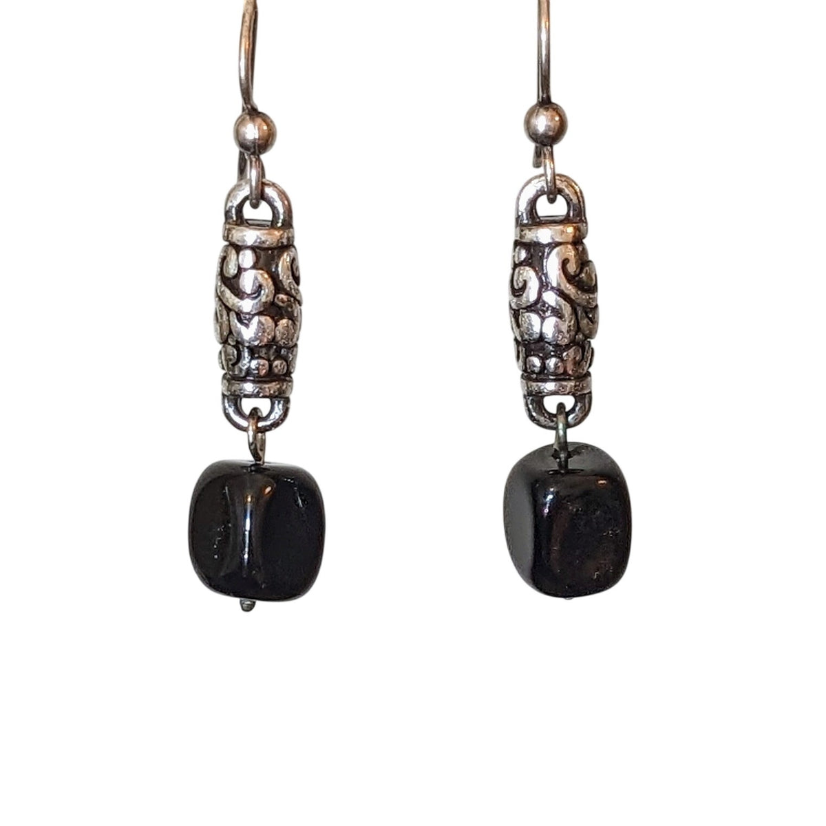 Black Square Gemstone & Silver Tone Deco Lace Elongated Bead Dangle Earrings