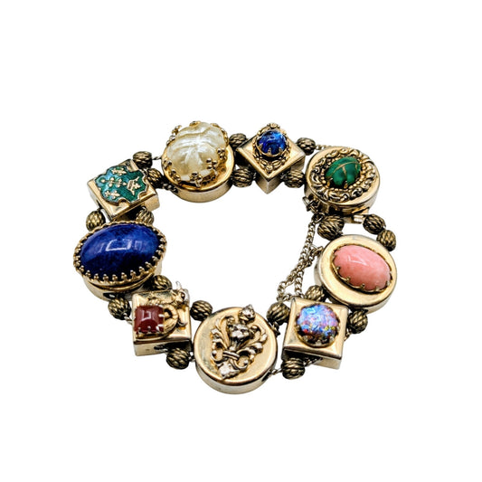 Vintage Victorian Sliding Moveable Charm Muted Gold Tone Bracelet