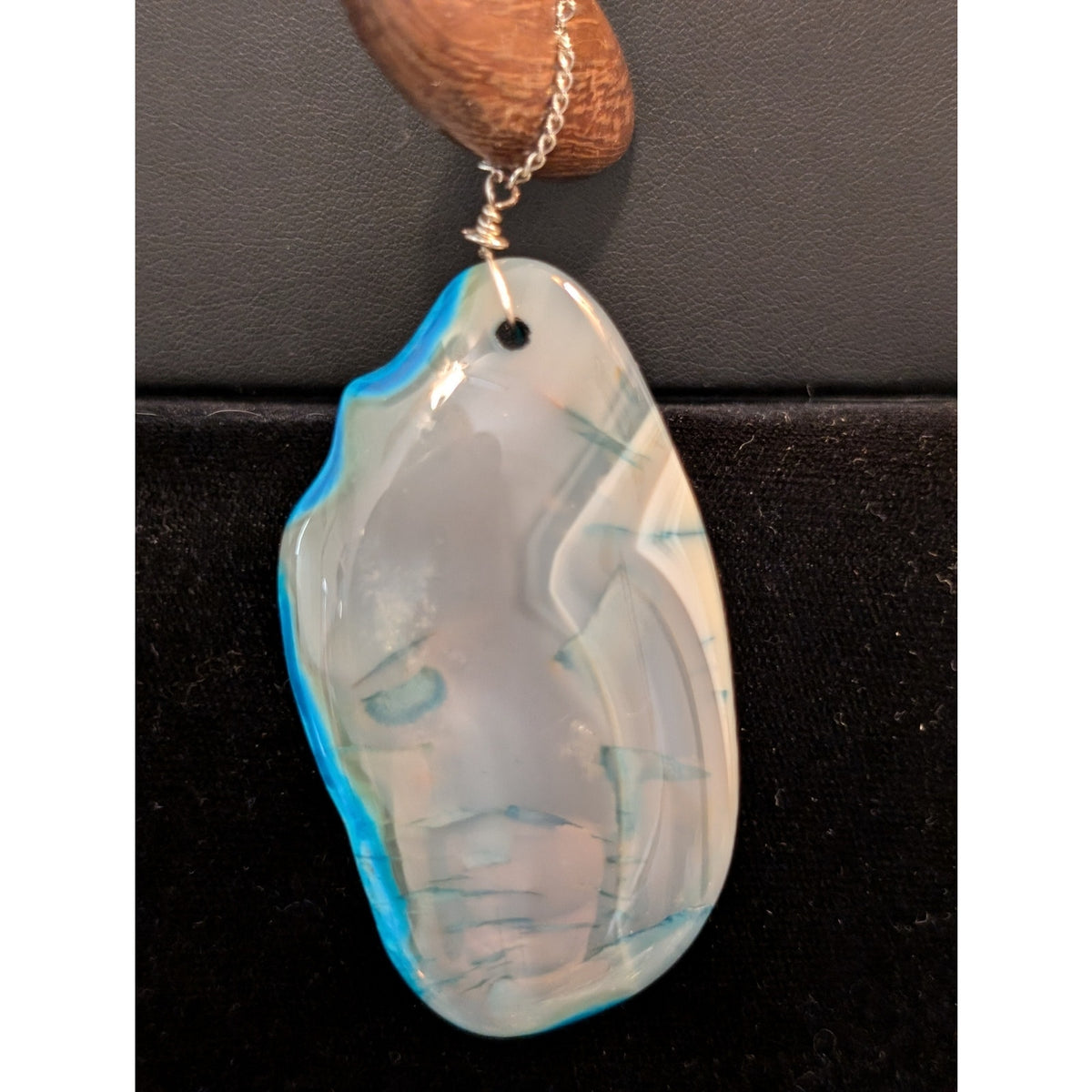 Blue Stone Agate Wood Pendant Boho Long 32"-34" Necklace