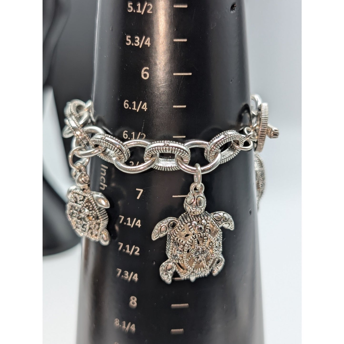 Chunky Silver Tone Marcasite Toggle Clasp Turtle Charm Bracelet