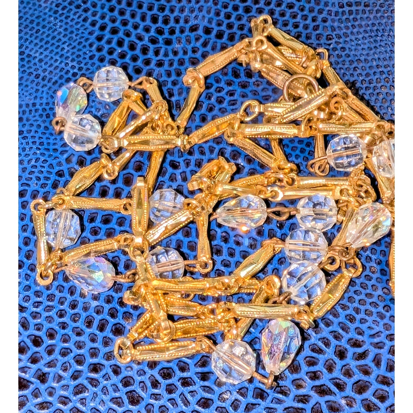 Vintage Glass Crystal Gold Tone Textured Chain Link 48" Long Strand Necklace