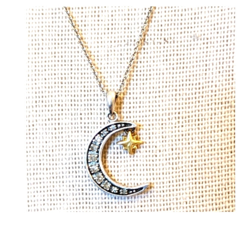 925 Sterling Silver Diamond Crescent Moon 10k Gold Star Pendant 20" Necklace