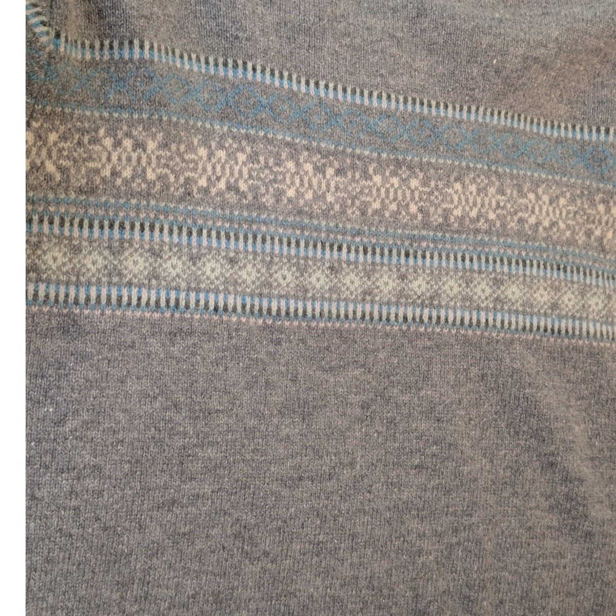 Woolovers Gray Blue Fairisle Crew Neck Pullover Long Sleeve Sweater Size L