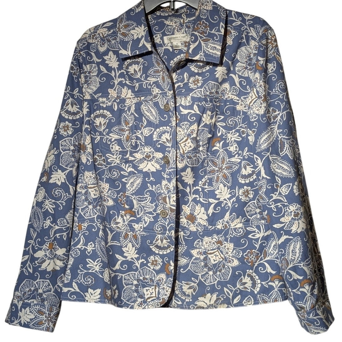 Coldwater Creek Dusty Blue Khaki Cream Floral Button Front Jacket Women's Sz 1X