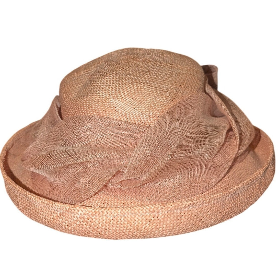 Betmar New York Vintage Blush Pink Straw Bow Detail Straw 22" Hat Upturned Edge