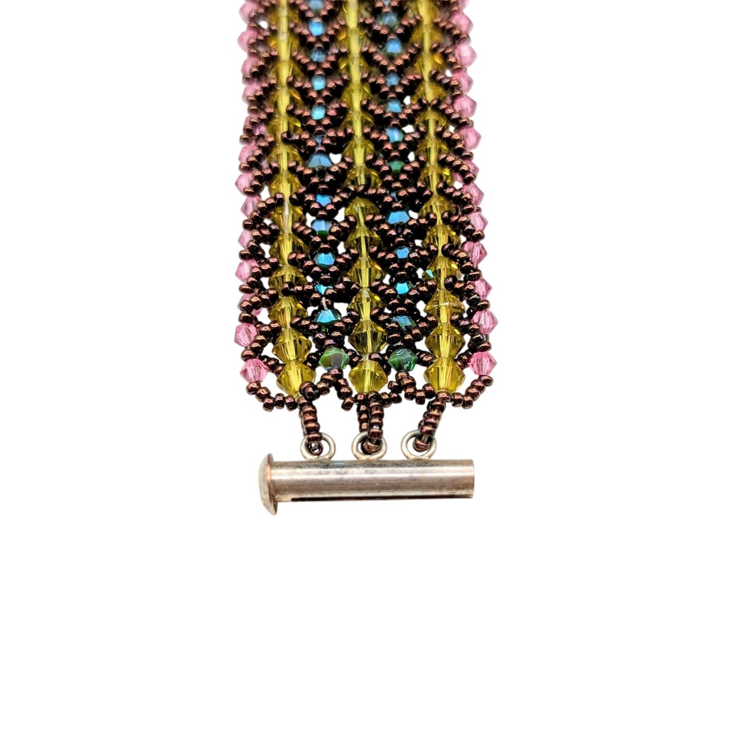 Hand Made Wide Woven Crystal Beaded Bracelet With Unique Slide In Barrel Clasp
