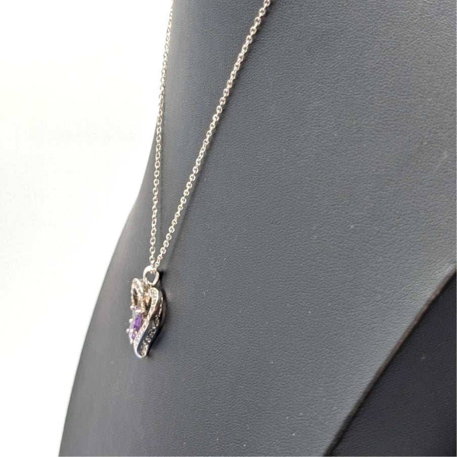 Two Purple Crystal Hearts Within A CZ Studded Heart Silver Tone Pendant Necklace