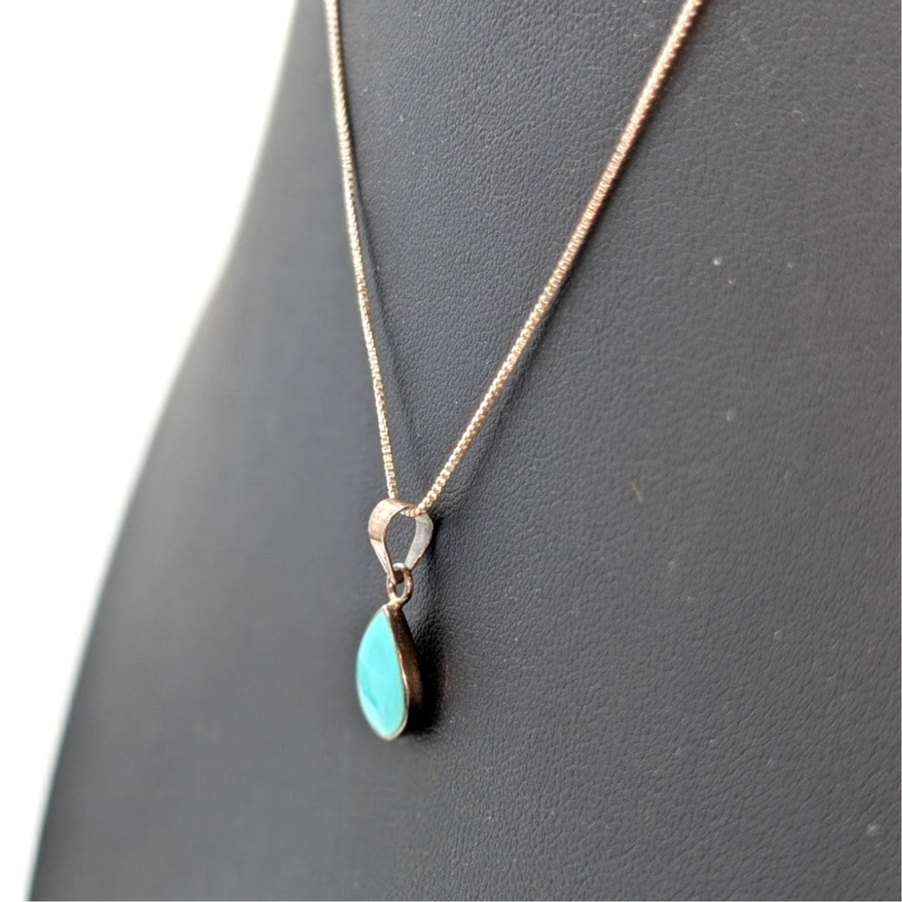 Vintage 925 Sterling Silver Turquoise Teardrop Pendant Box Chain 18" Necklace