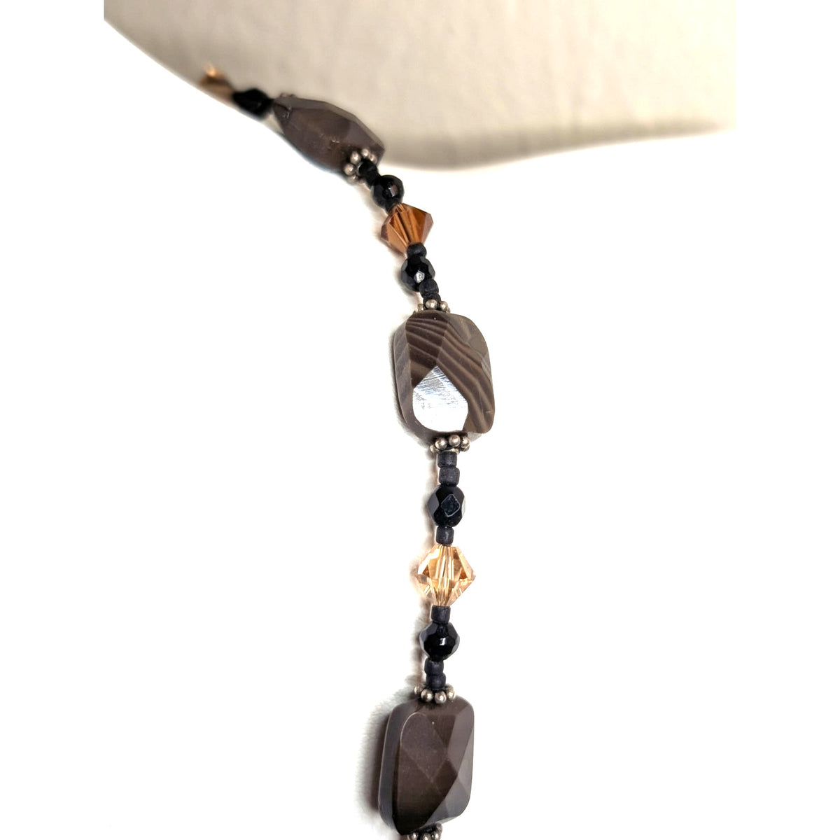 Black & Brown Crystal & Agate Stone Beaded 18" Necklace with Swirl Hook Clasp