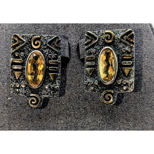 925 Oxidized Sterling Silver Citrine Aztec Designs Two Tone Post Earrings