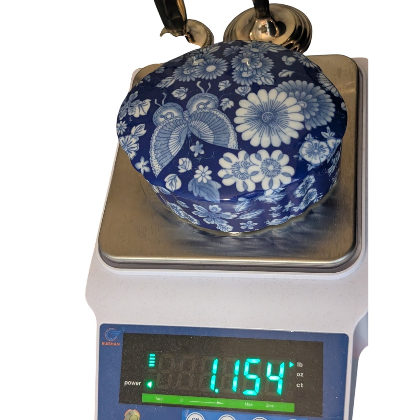 Vintage Blue & White Floral Butterfly Ceramic Trinket Box W/ Lid