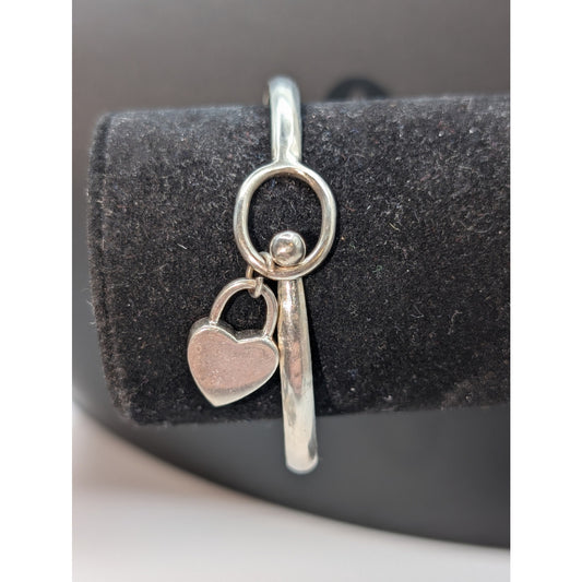 Vintage 925 Sterling Dangle Heart Charm Ball Hook Clasp Bangle Bracelet