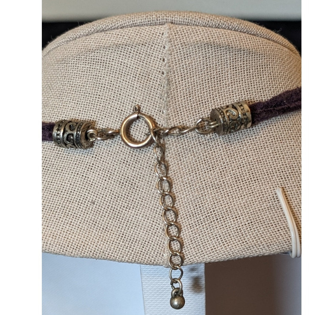 Vintage Purple Leather Bold Amethyst & Glass Silver Tone Charm Necklace