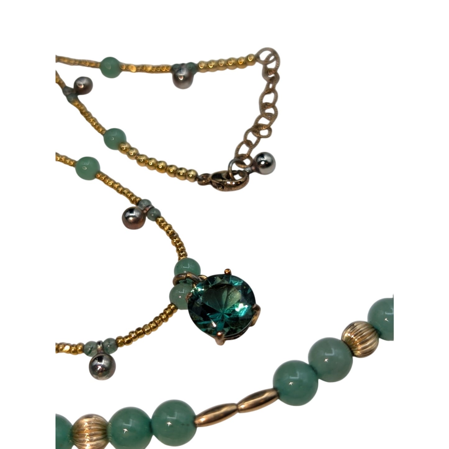 Two Green Gemstone Gold Bead Necklaces