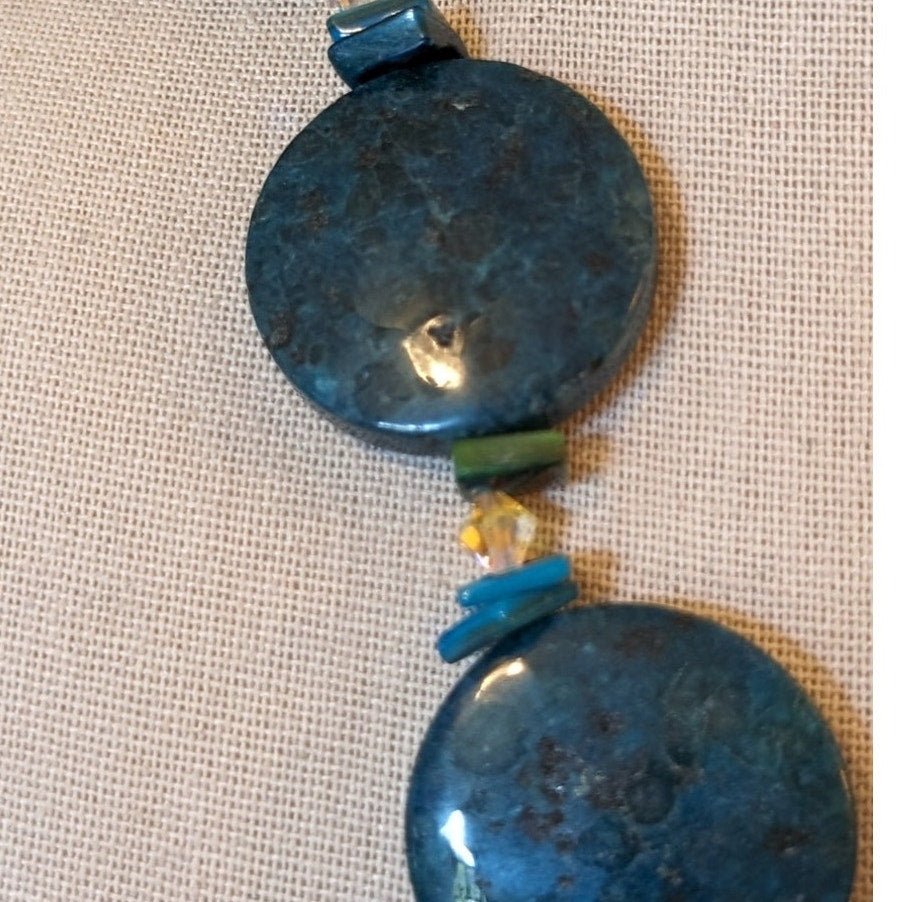 Chunky Heavy Blue Green Stone W/ Silver Toggle Clasp 20" Necklace