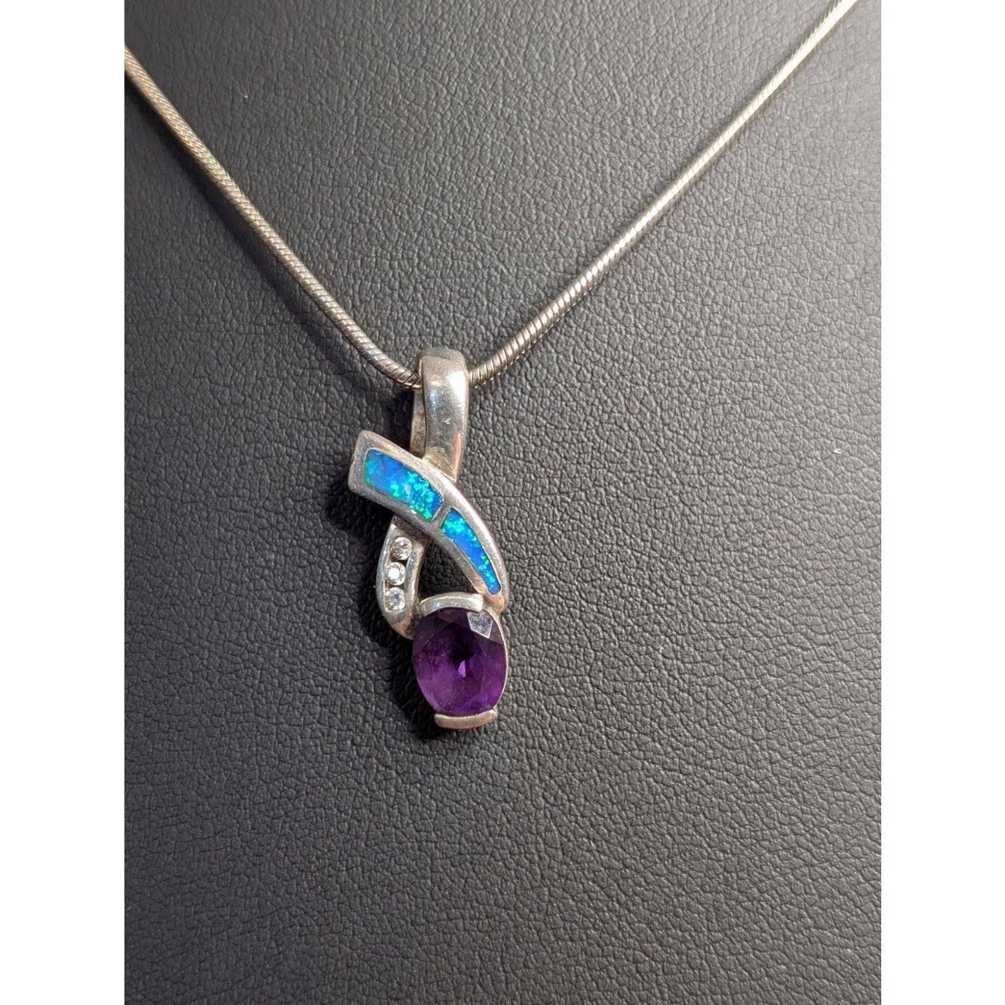 AK Atasay Kuyumculuk Sterling Opal Inlay Amethyst Clear Stone Pendant Necklace