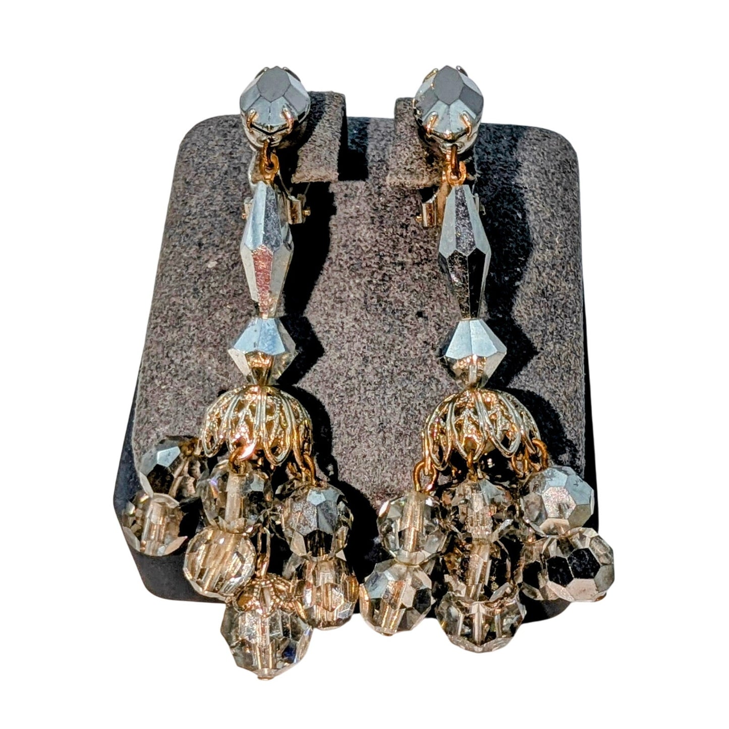 Lewis Segal California VTG Clip On Chandelier Metallic Crystal Dangle Earrings