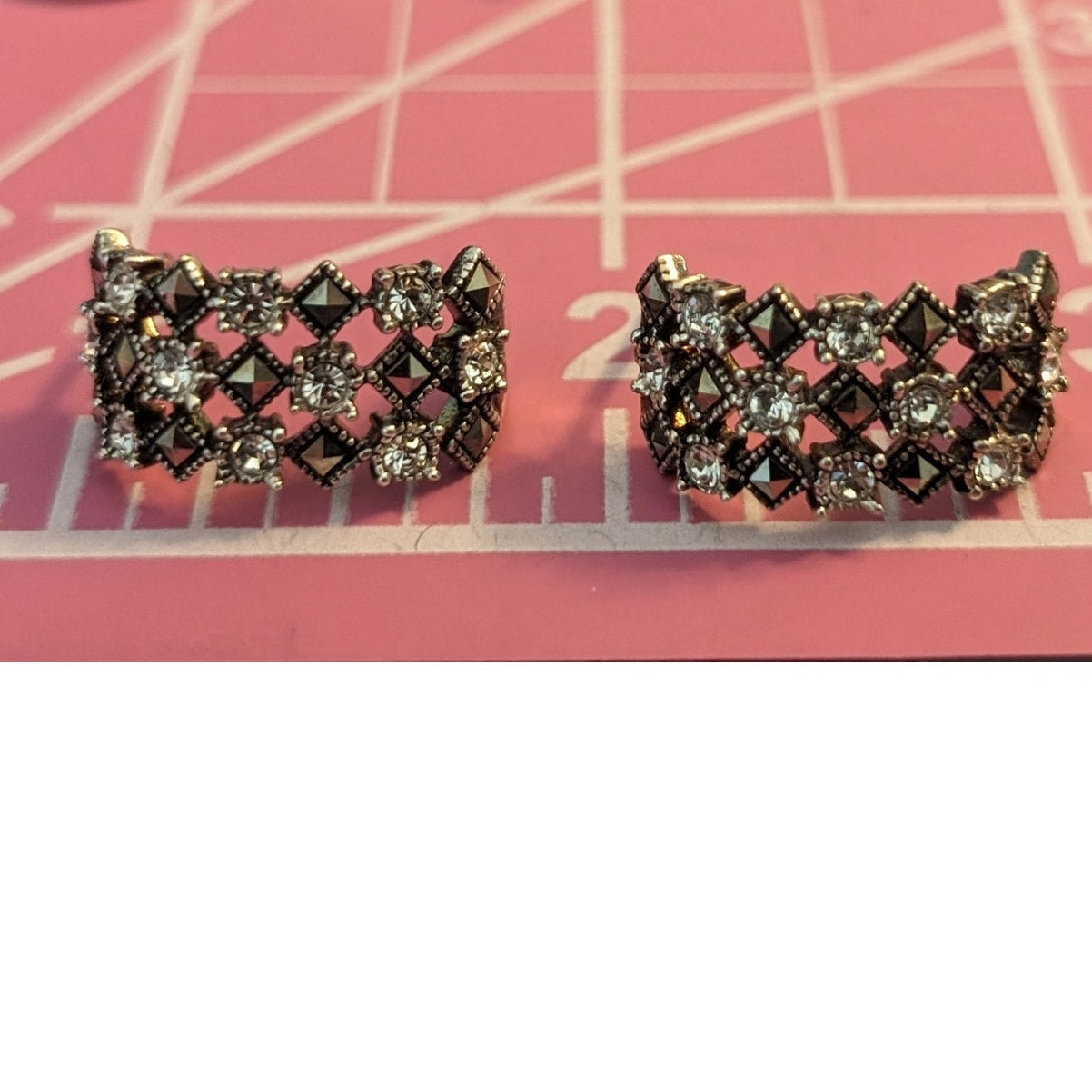 925 Sterling Silver Marcasite & Crystal Openwork Half Hoop Earrings