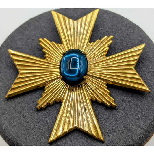Rare Signed Vintage Miriam Haskell Gold Tone Blue Cabochon Maltese Cross Brooch