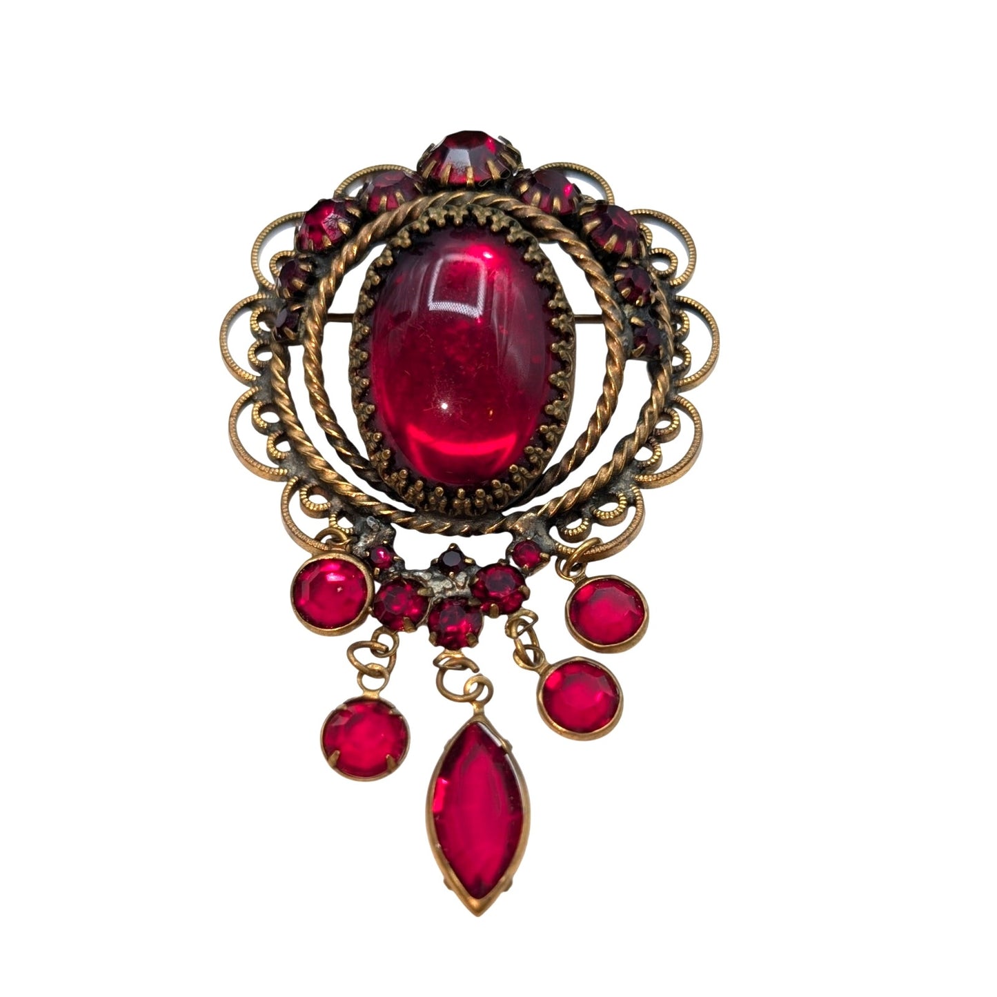 Vintage Possibly Unsigned Hobe Red Rhinestone Dangles Brooch