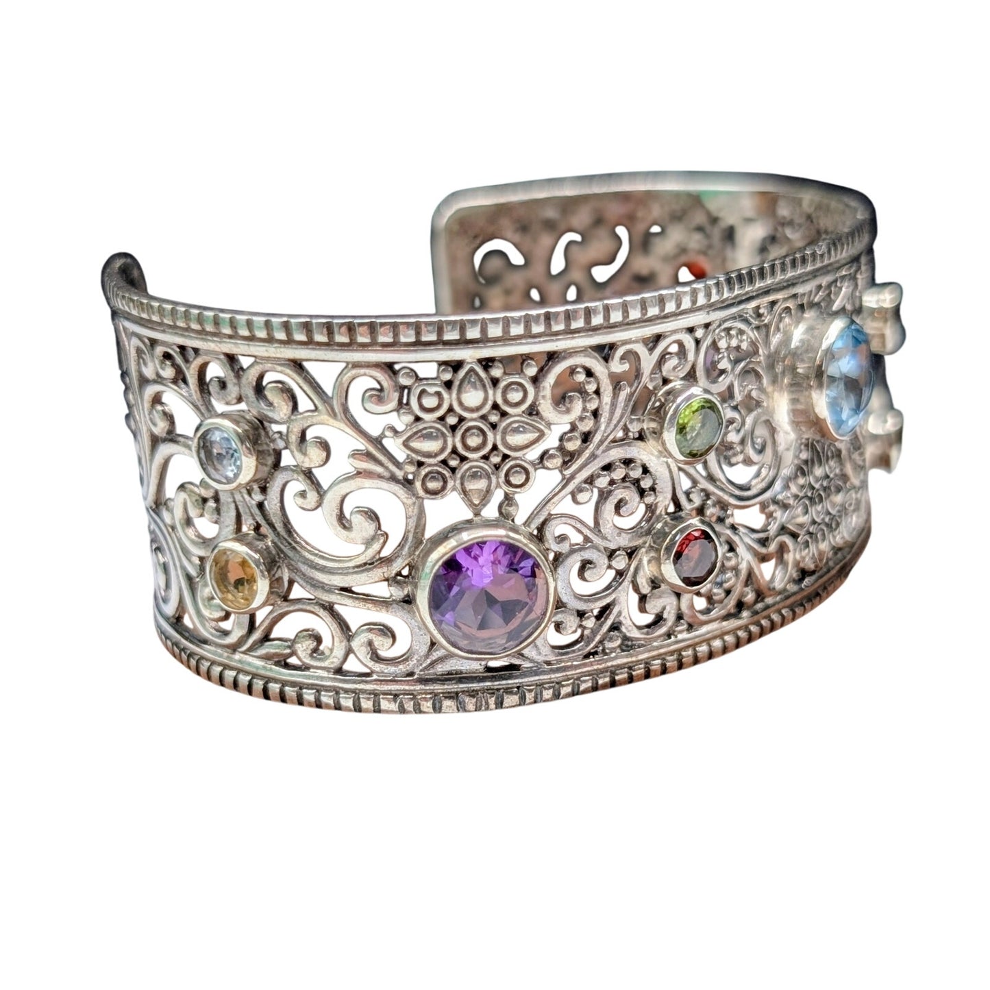 Samuel Benham 925 Sterling Bezel Set Multi-Gemstone Scroll Cuff Bracelet 40.69g