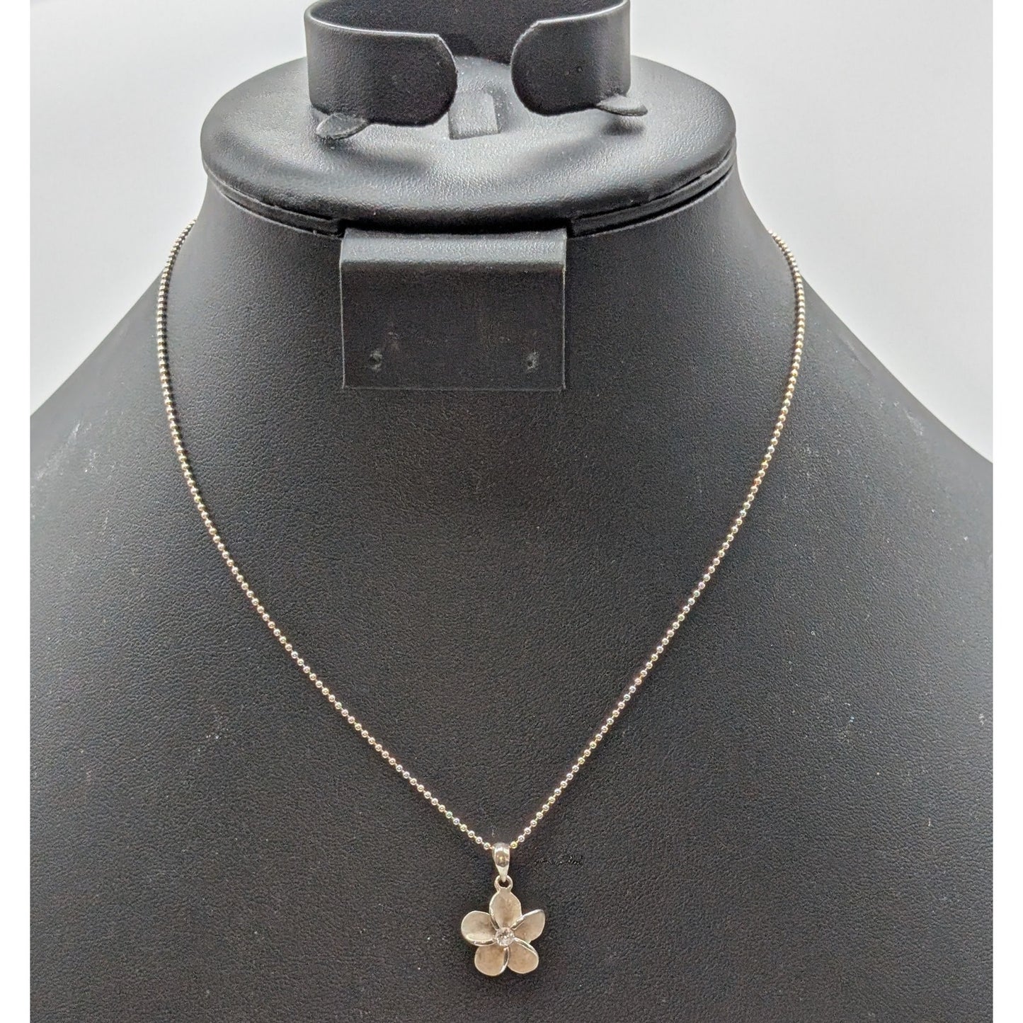 Vintage 925 Sterling Silver CZ Flower Pendant Bead Ball Chain 16" Necklace