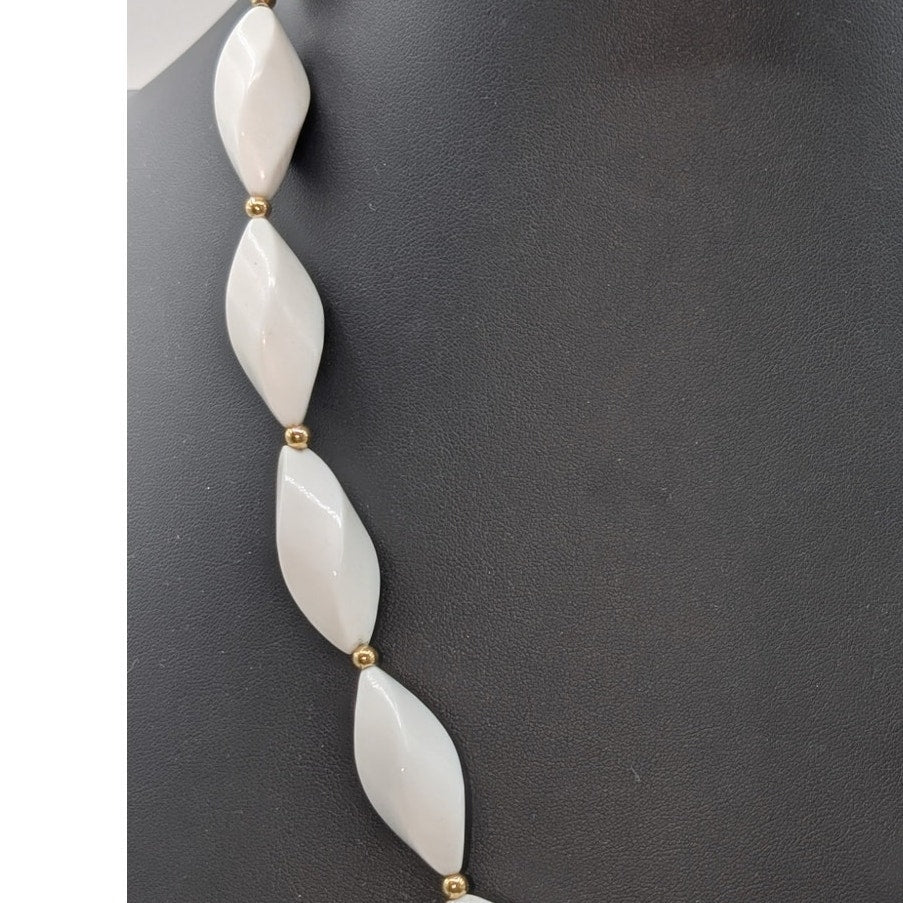 Vintage 70s Signed Trifari White Oblong Twisted Gold Bead 22" Necklace