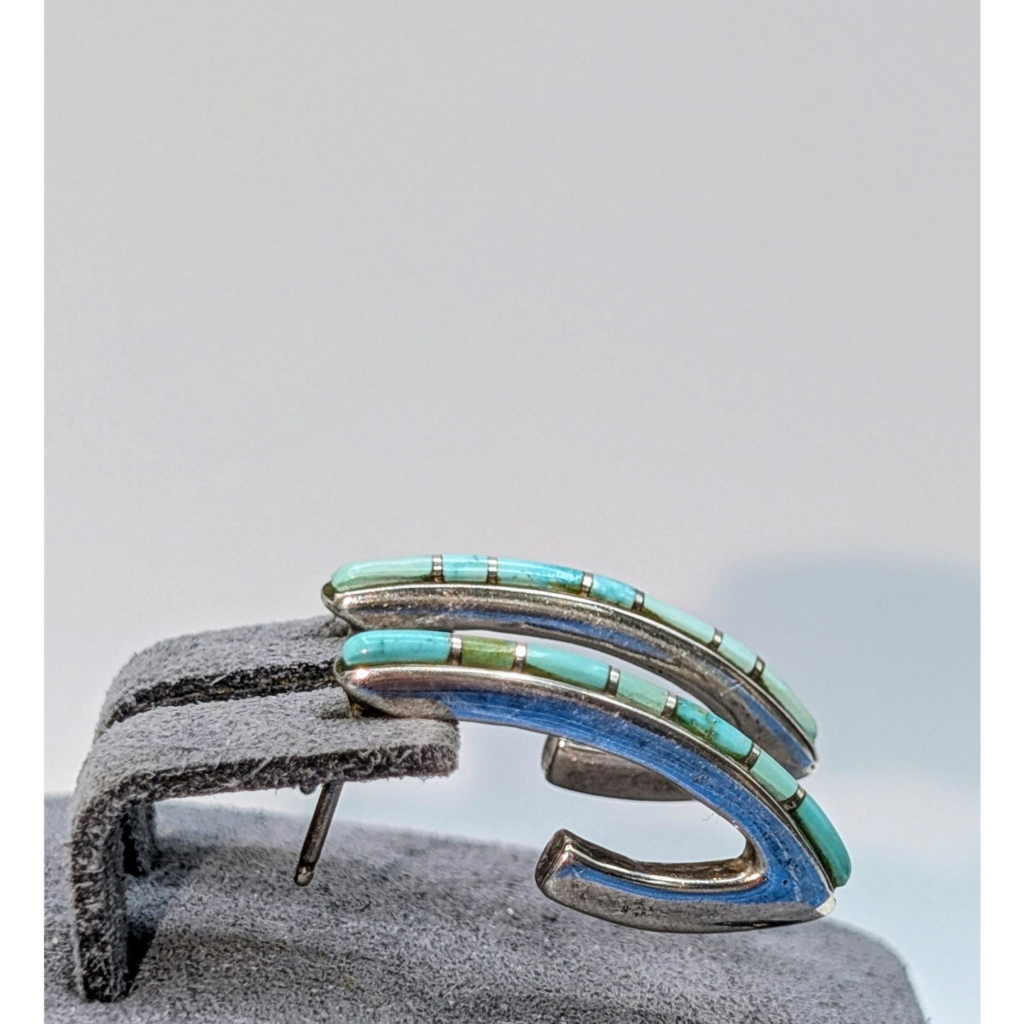 Vintage 925 Sterling Silver Marked 'M' Zuni Turquoise Inlay 3/4 Hoop Earrings
