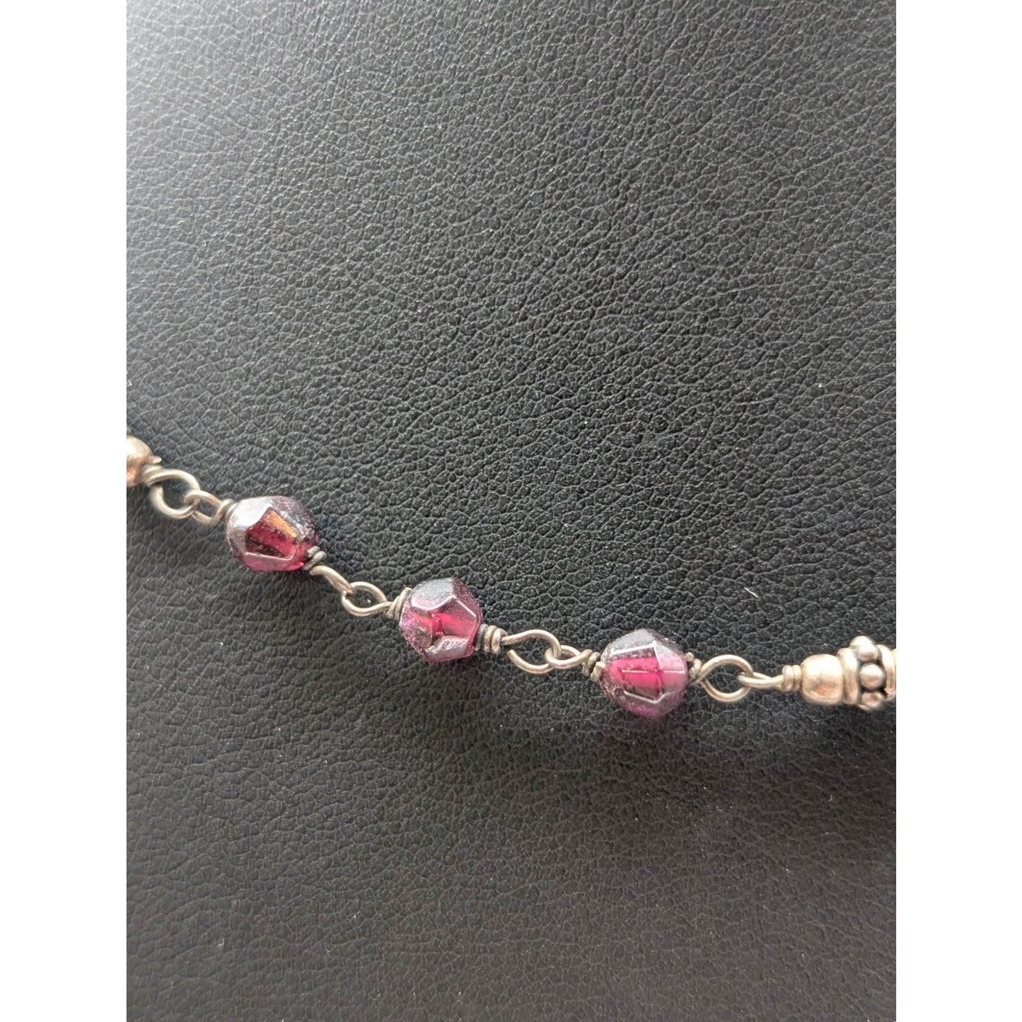 Vtg 925 Sterling Silver Garnet Stone Bead Rosary Style Chain 16"-18" Necklace