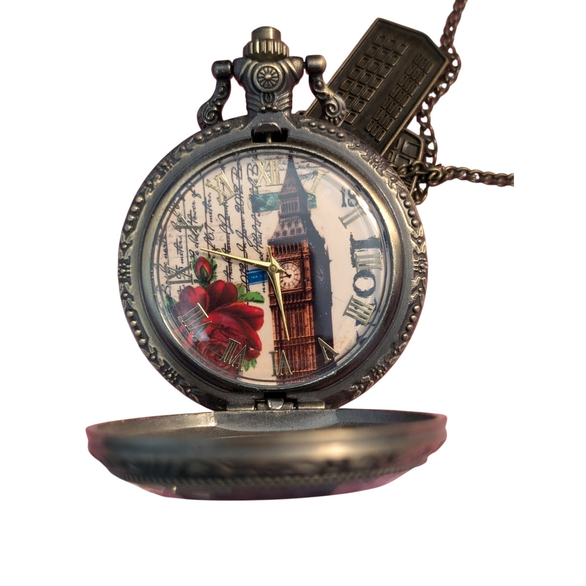 Paris Antiqued Bronze Retro VTG Style Steampunk Quartz Open Face Charm Necklace
