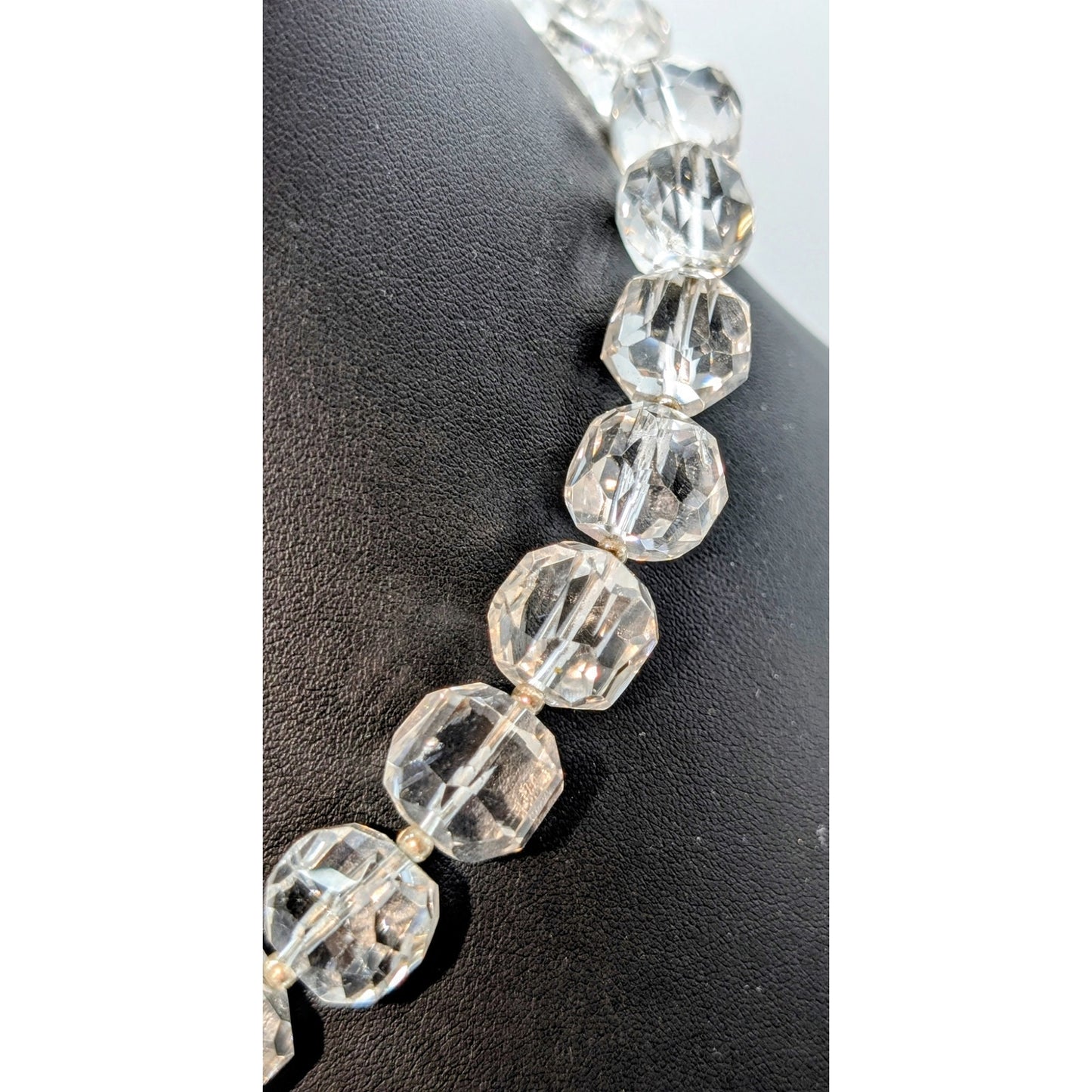 Vtg 925 Sterling Chunky Faceted Cut Rock Crystal Quartz Toggle Clasp Necklace