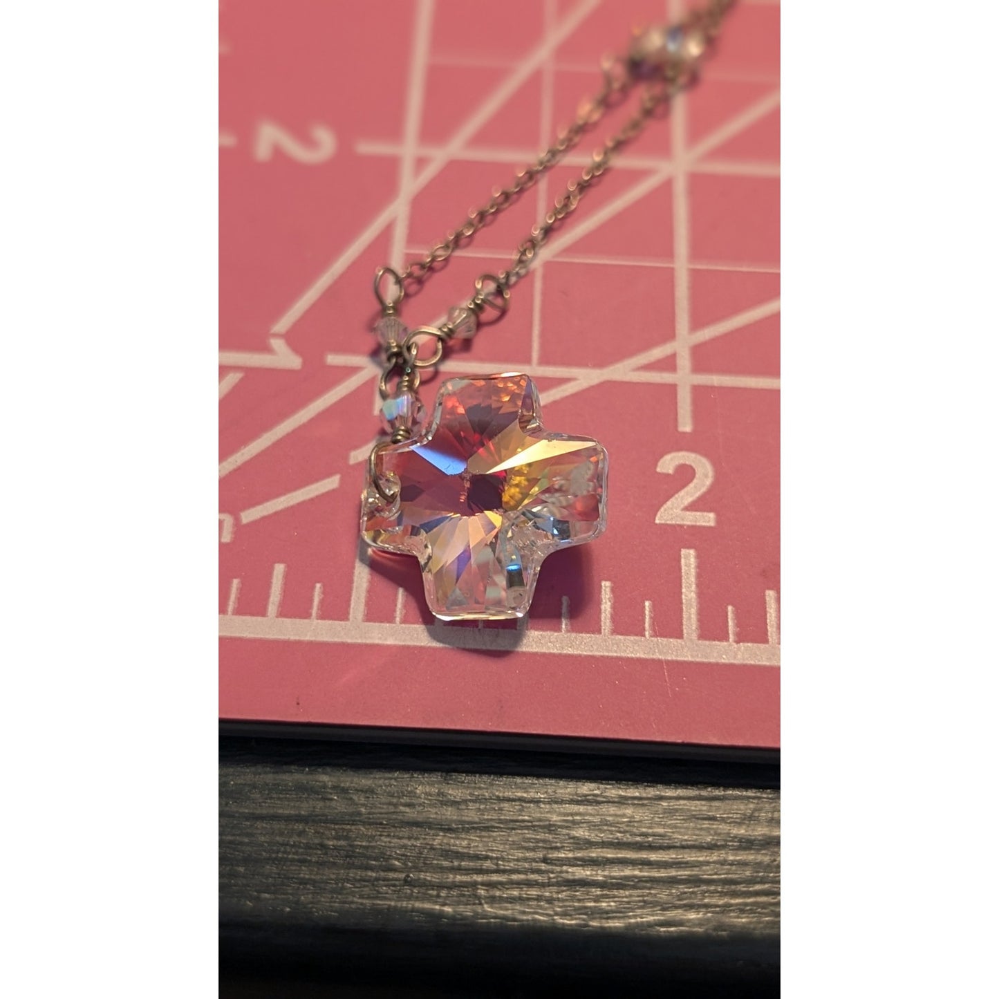 Crystal Prism Cross Pendant on Crystal Beaded 925 Sterling Chain