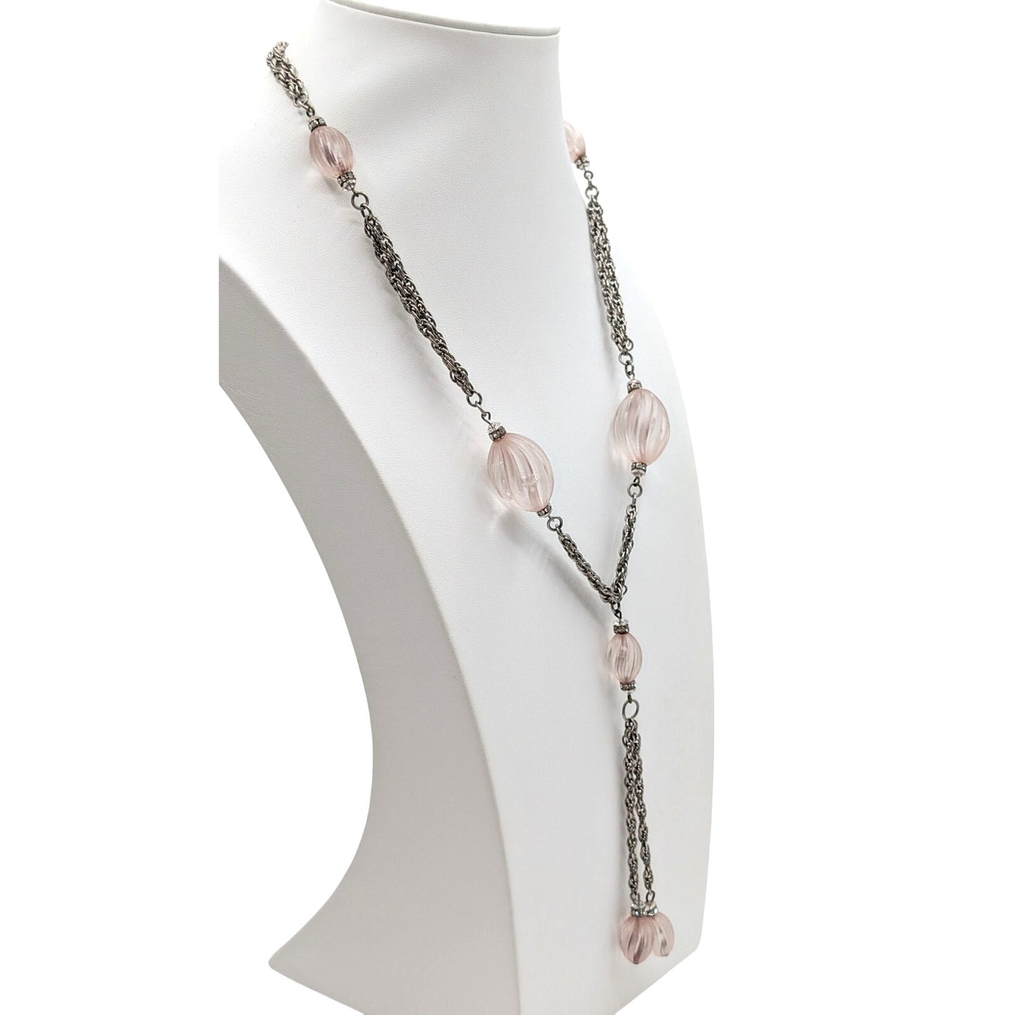 Vtg Art Deco Style Pink Swirl & Crystal Bead Silver Tone Dangle Chain Necklace