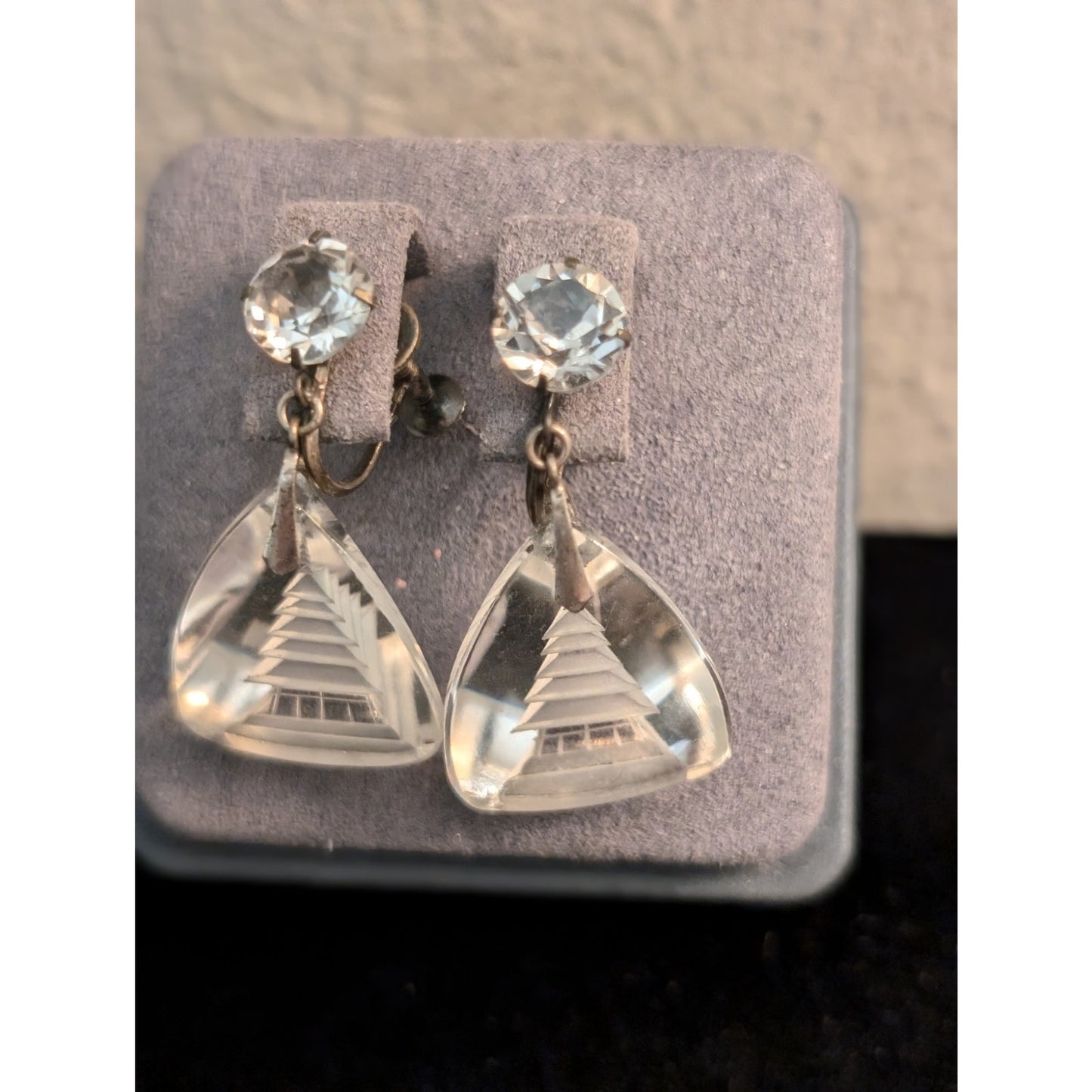 1930s Japanese Sterling Reverse Carved Rock Crystal Quartz Pagoda Earrings