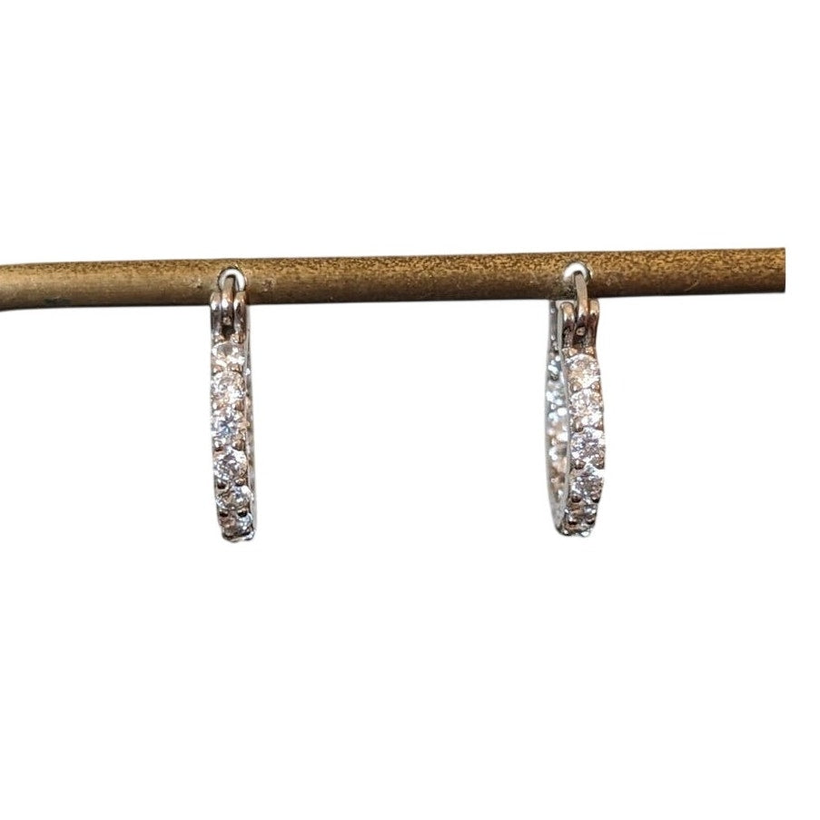 Marked 925 Sterling CZ Inside Outside 1/2" Oblong Snap Bar Hoop Earrings