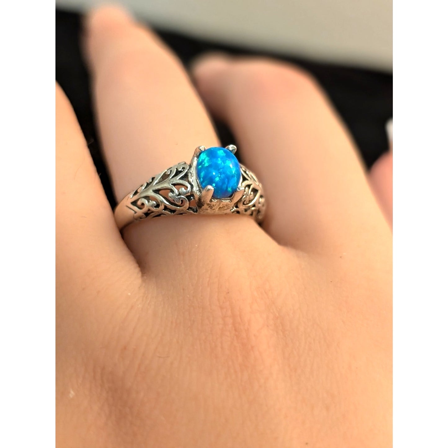 Brilliant Blue Opal Filigree 925 Sterling Silver MF Ring Size 8.5
