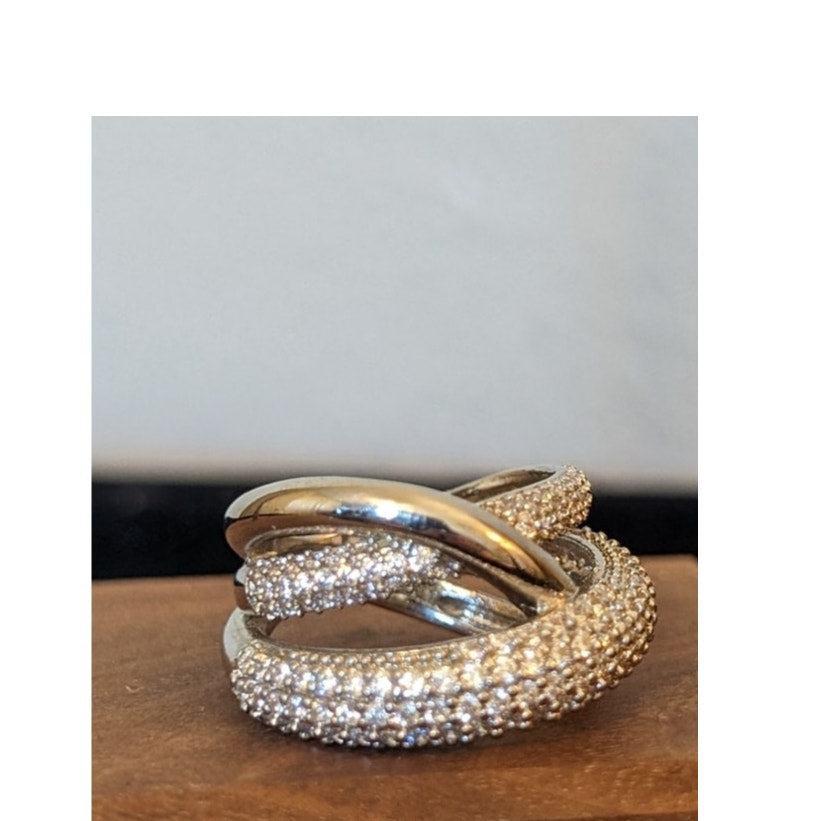 Xaxie Pave Rhodium Plated CZ Crossover Silver Tone Ring Size 6.75