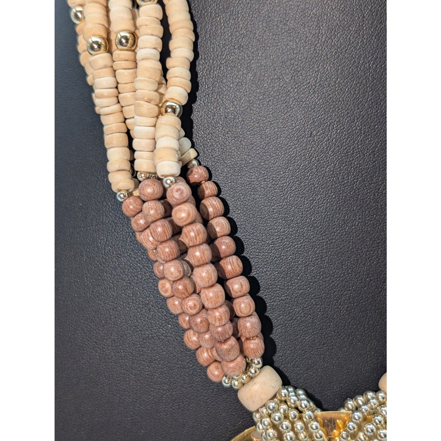 Seven Strand Wood Bead Gold Tone Shell Mountain Scene Disk Pendant 20" Necklace
