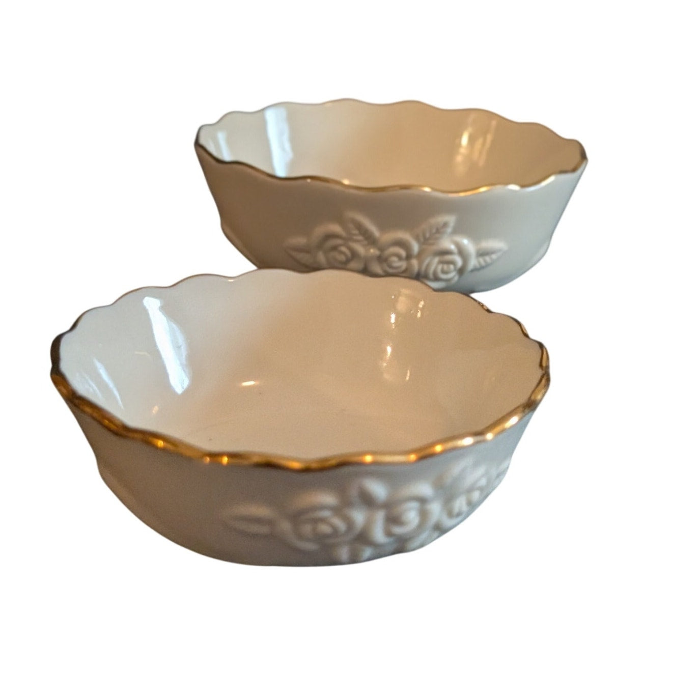Lenox Rosebud Collection Vtg 80s Pair of Cream Gold Scalloped Rim Candy Dishes