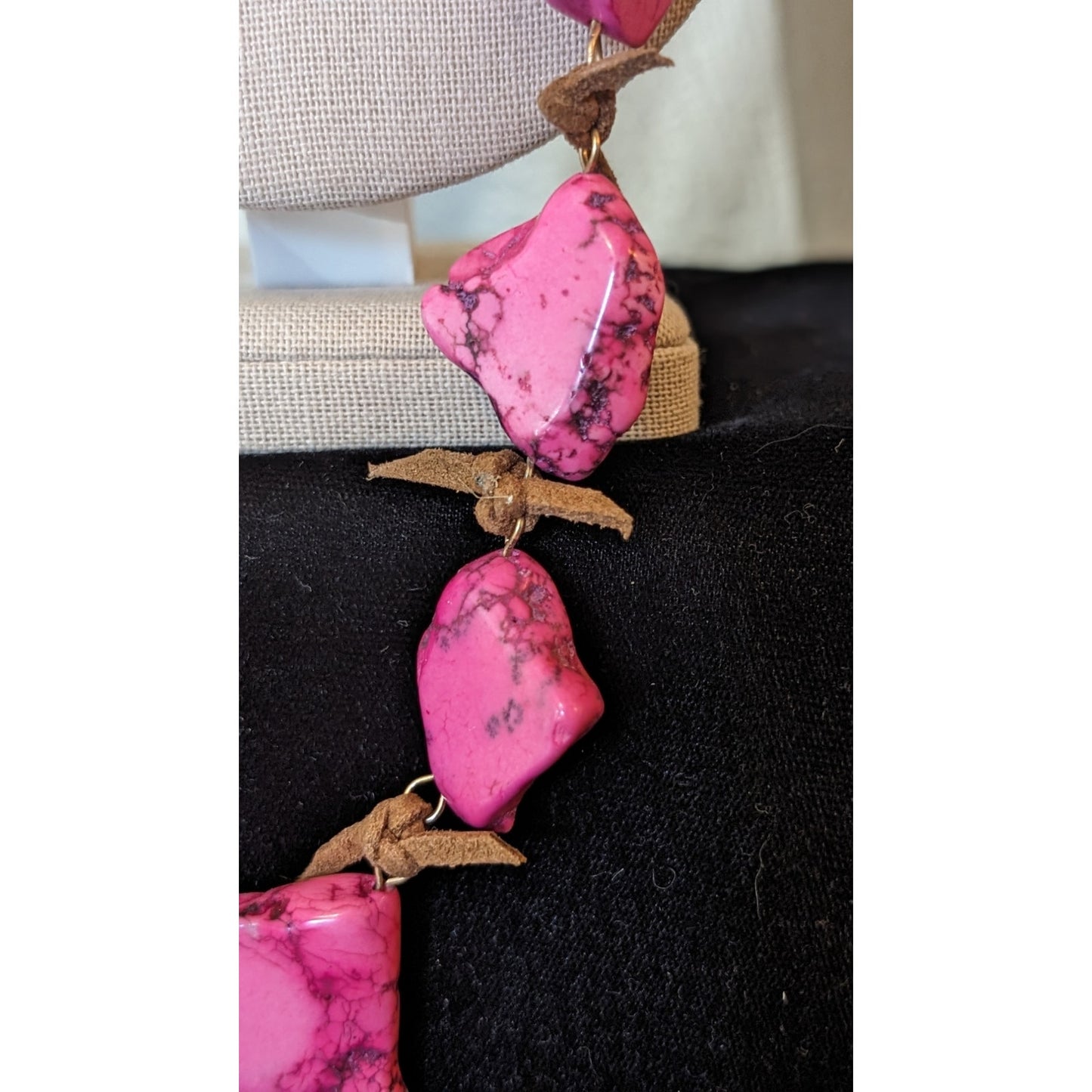 Pink Dyed Stone Necklace Strung Together w/ Rawhide Signed W