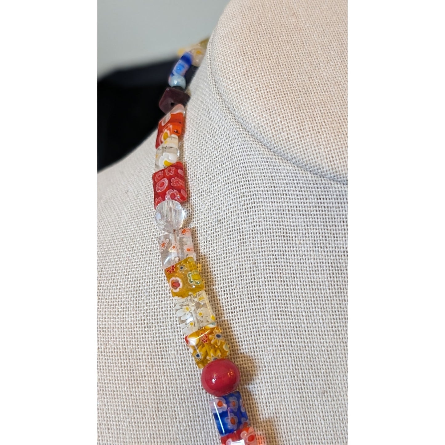 Millefiori Venetian & Murano Glass Bead Wrap Necklace W/ MOP Horn Pendant