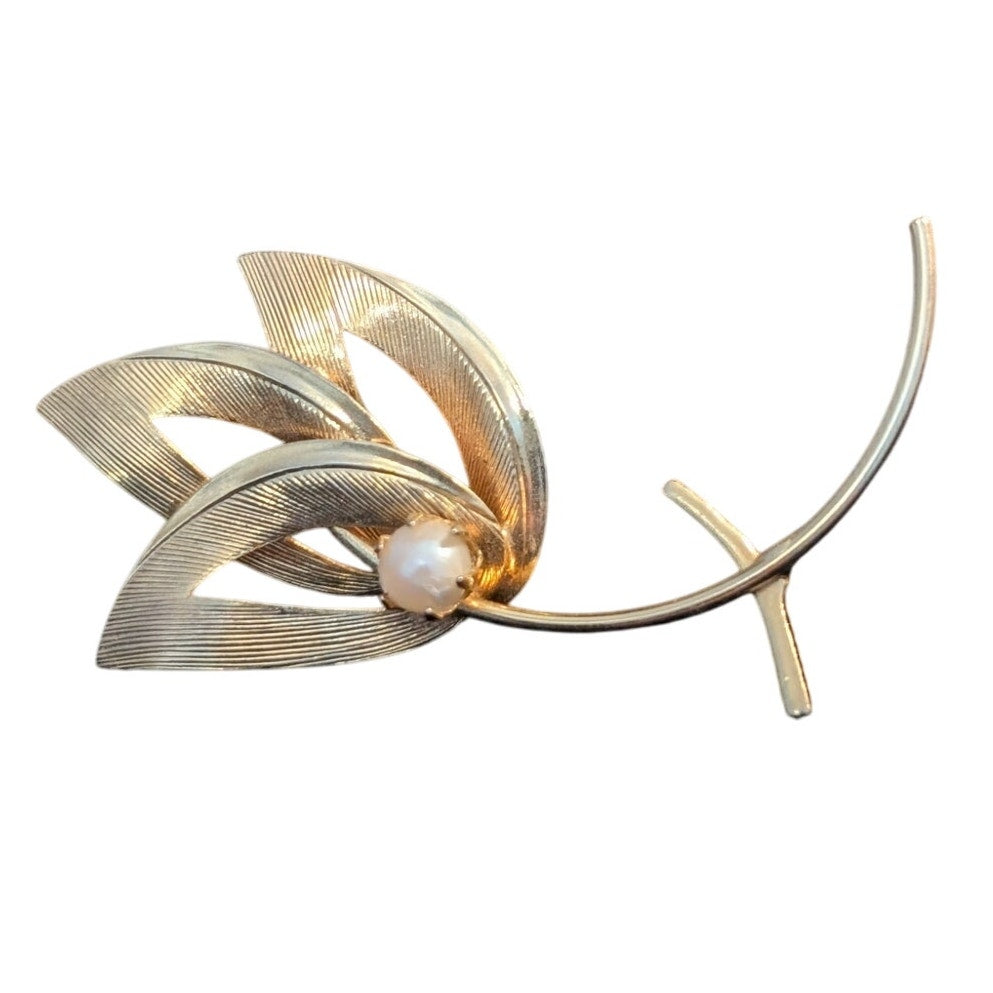 Vintage Gold Tone Textured Three Leaf Faux Pearl Brooch