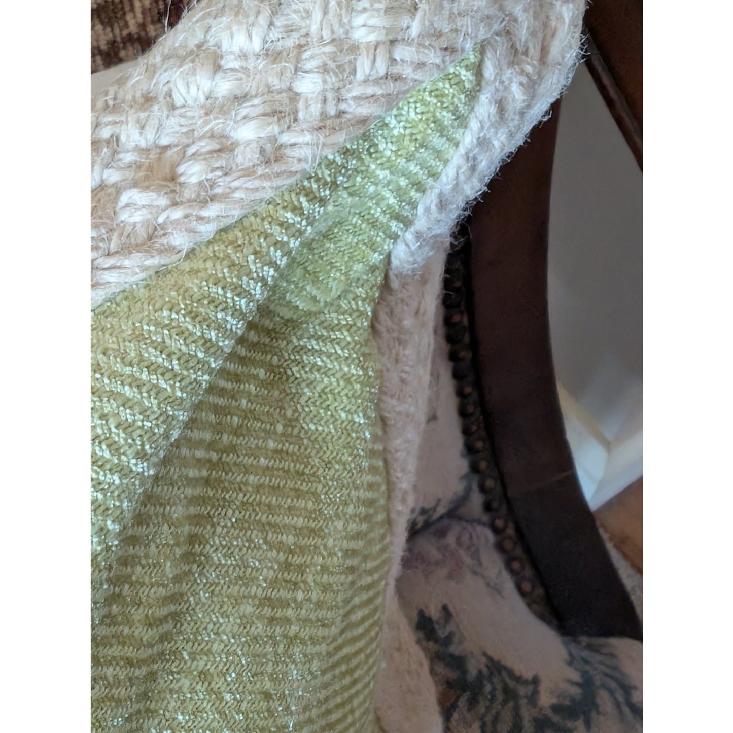 Green Chenille Jute Braided Trim Linen Look Zippered Back Feather Fill Pillow