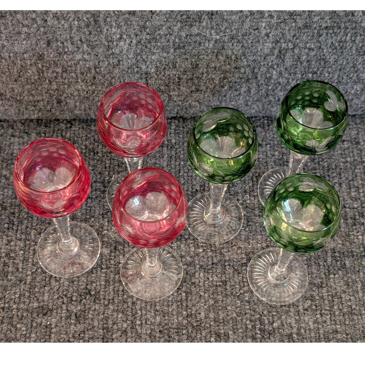 Vtg Czech Bohemian 3 Cranberry & 3 Green Cut to Clear Crystal Cordials Set of 6
